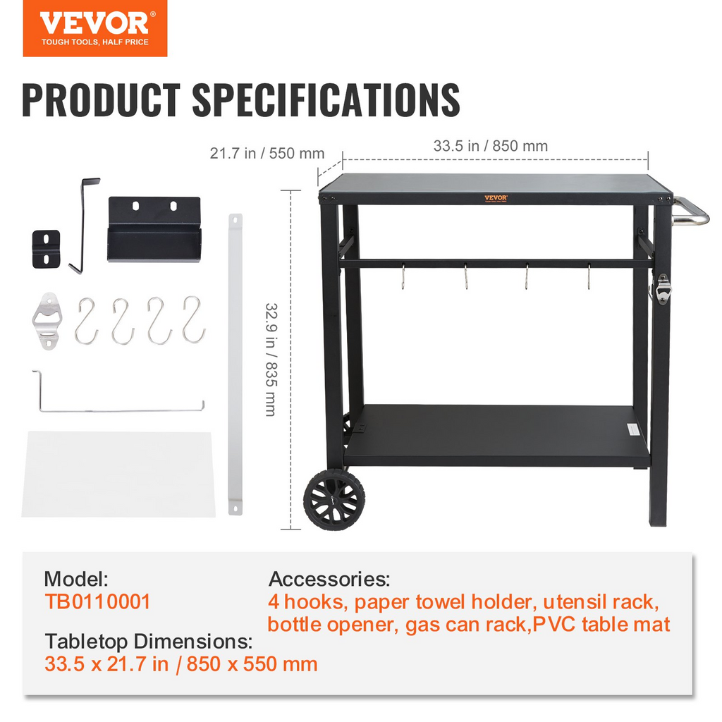 Carrito de comedor para parrilla de exterior con estante doble móvil con 2 ruedas