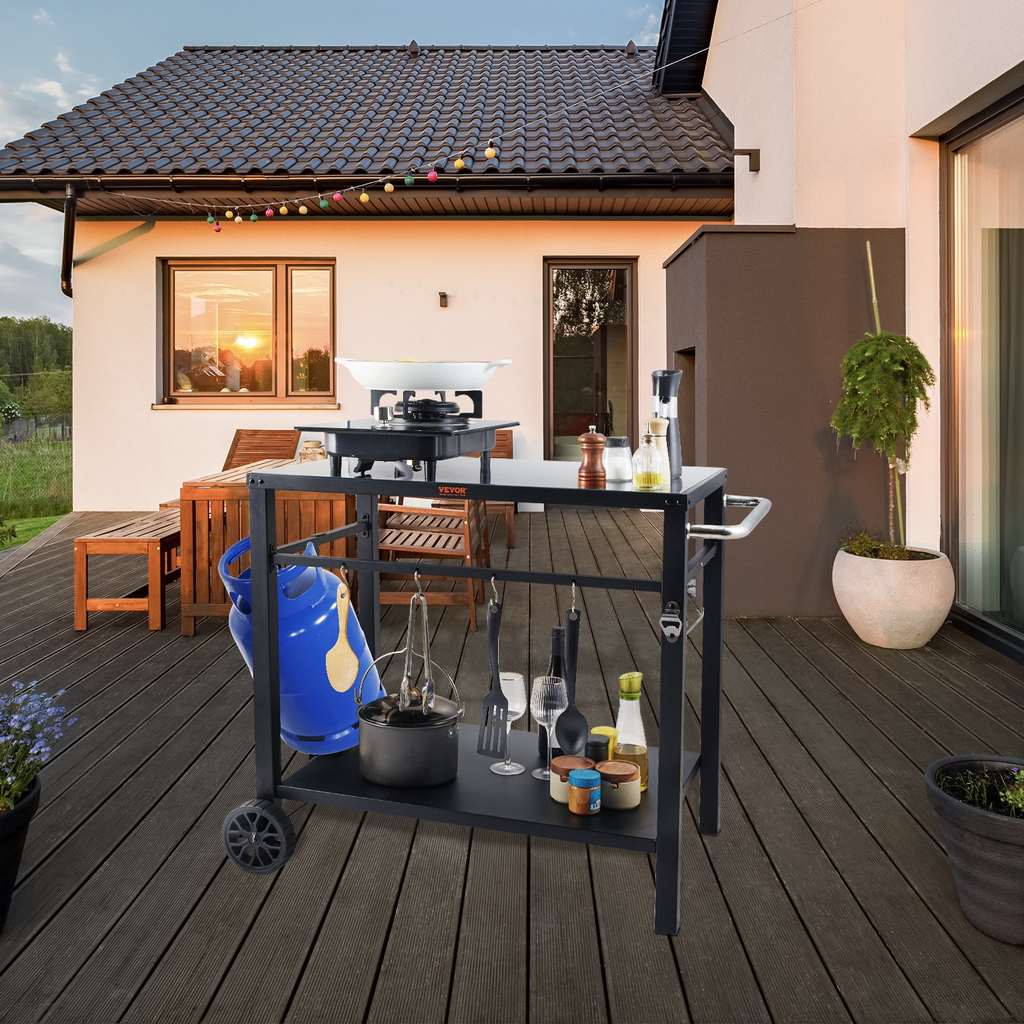 Carrito de comedor para parrilla de exterior con estante doble móvil con 2 ruedas