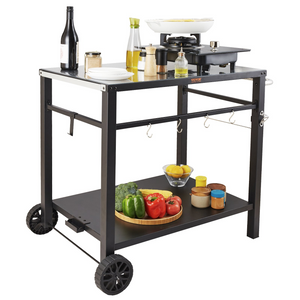 Carrito de comedor para parrilla de exterior con estante doble móvil con 2 ruedas