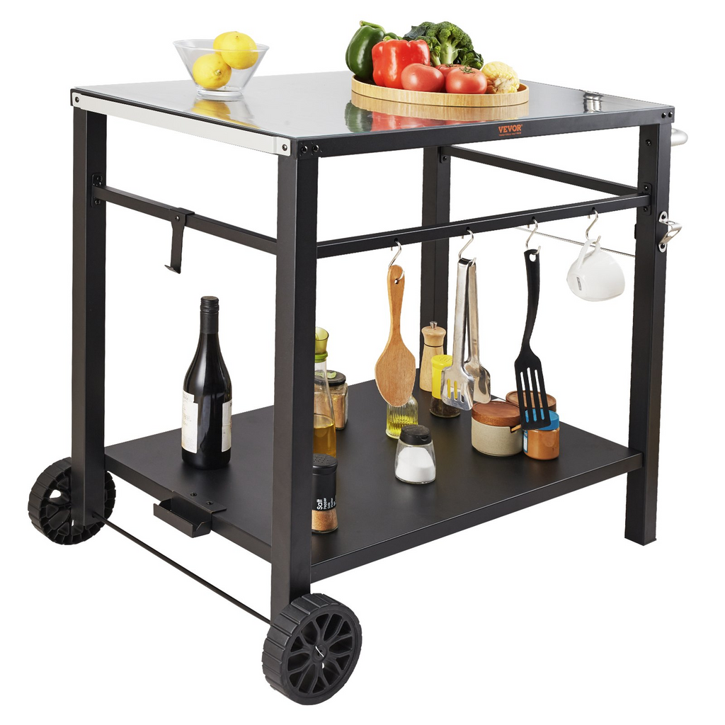 Carrito de comedor para parrilla de exterior con estante doble móvil con 2 ruedas