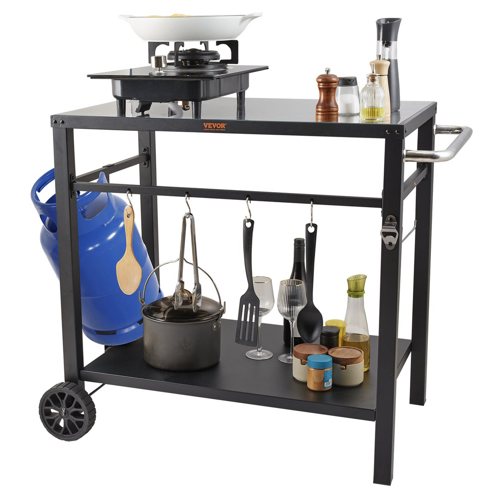 Carrito de comedor para parrilla de exterior con estante doble móvil con 2 ruedas