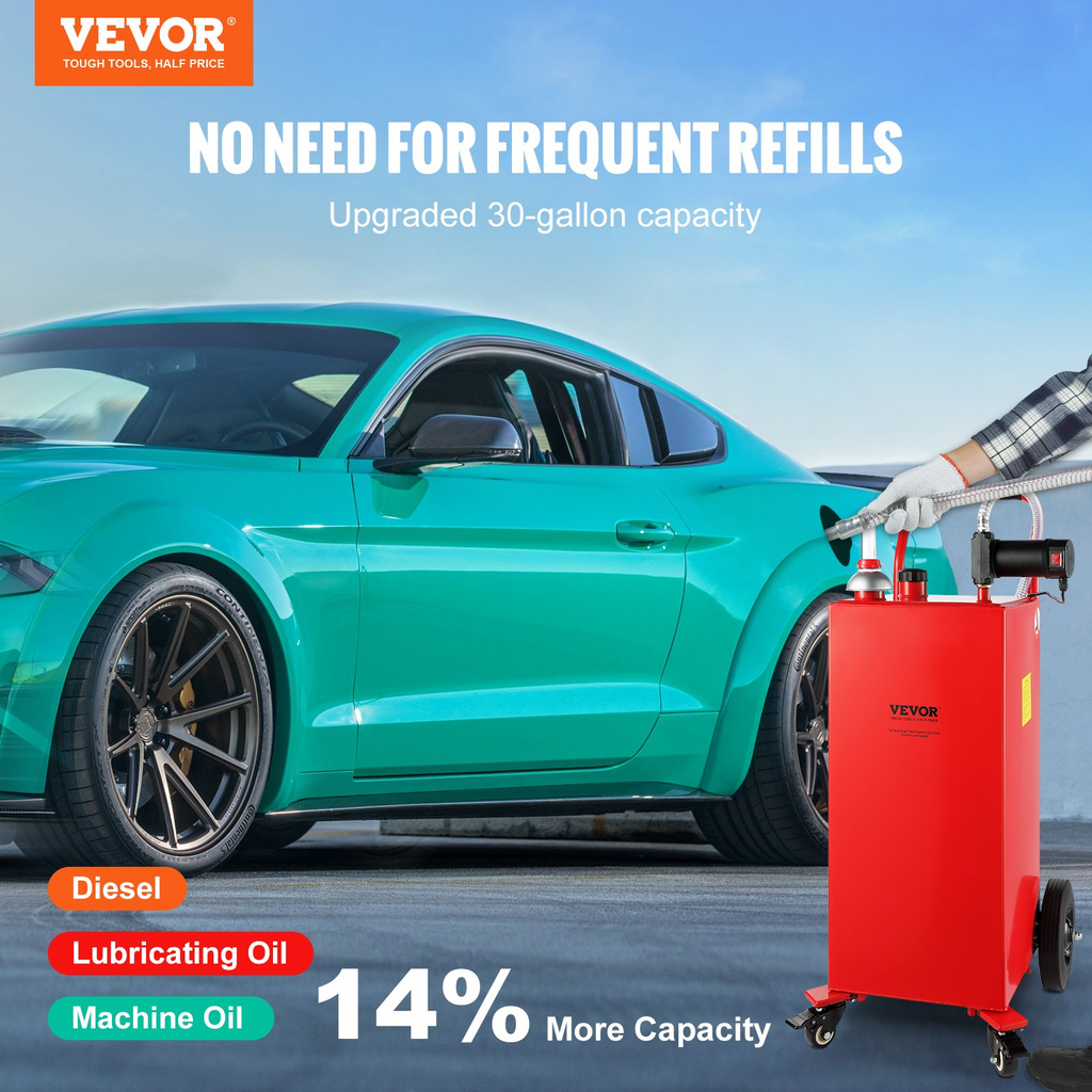 VEVOR Tanque de combustible portátil de 30 galones, 23,5 l/min, 180 W, con ruedas de bomba eléctrica, tanque de almacenamiento de transferencia de combustible para aceite lubricante diésel JH2