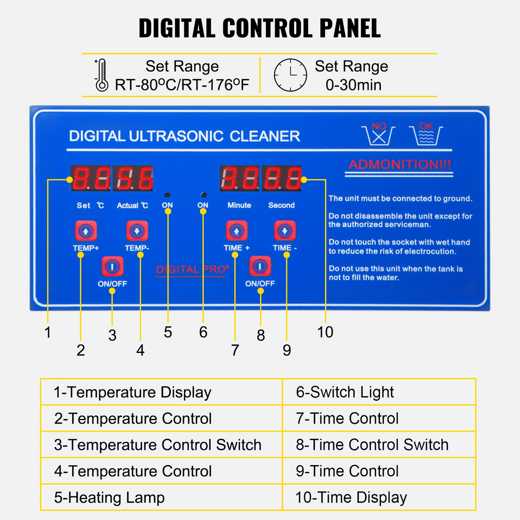 Limpiador ultrasónico comercial VEVOR 6 l de 40 kHz con temporizador digital y calentador de 110 V