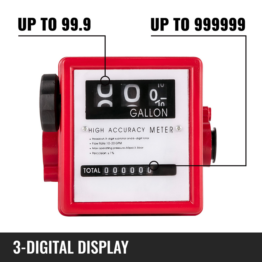 Medidor de combustible mecánico VEVOR Medidor de flujo de combustible de 20 GPM Medidor de transferencia de combustible con pantalla de lotes de 3 dígitos Medidor de flujo de combustible diésel de 1 pulgada