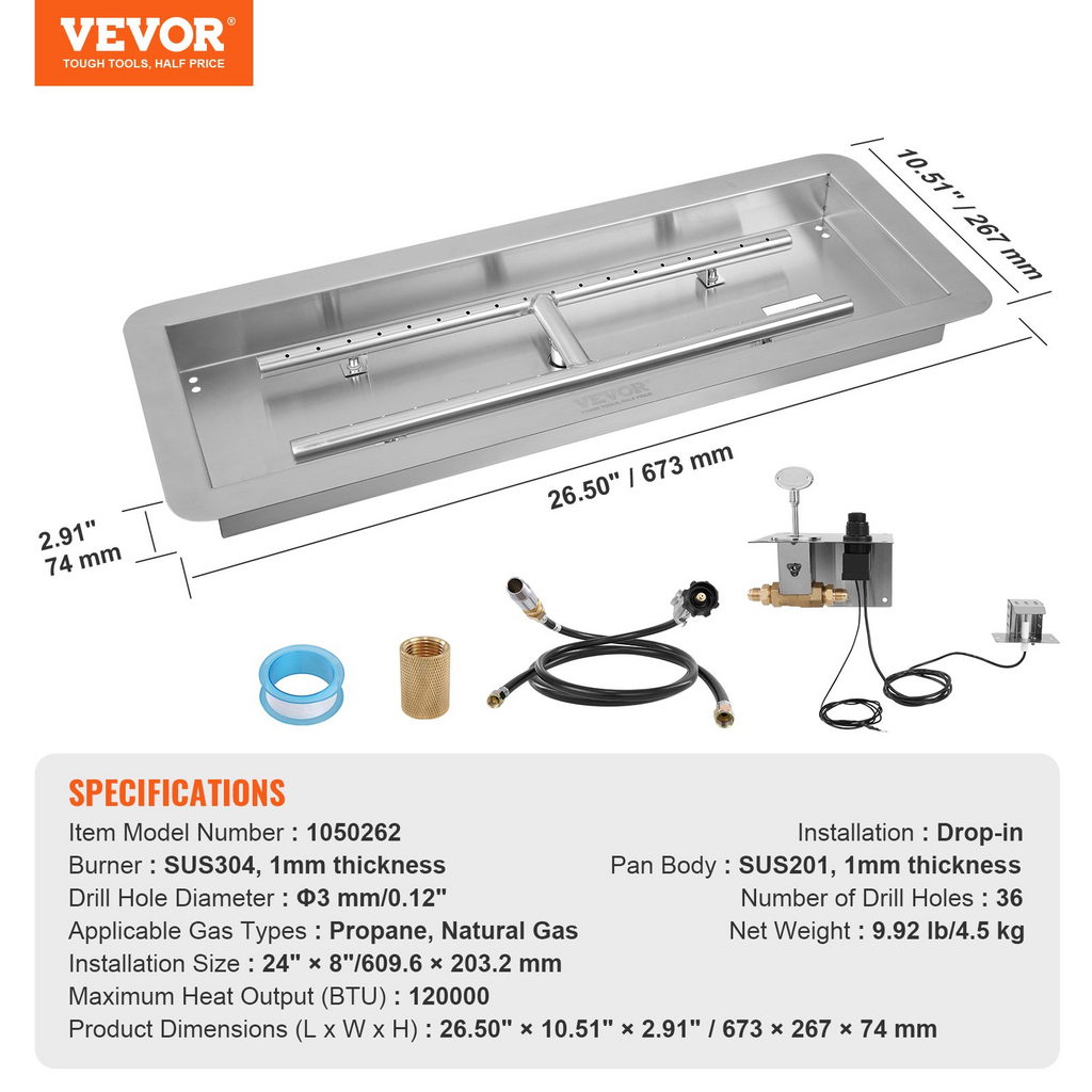 Fogón empotrable de 24 x 8 pulgadas a gas natural y propano de 120 000 BTU con quemador en H para uso en interiores o exteriores