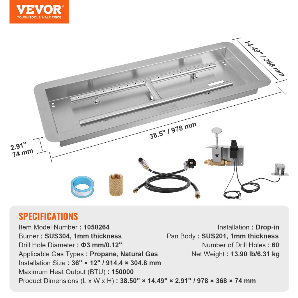 VEVOR - Fogón empotrable de 36 x 12 pulgadas  fogón a gas natural y propano de 150 000 BTU