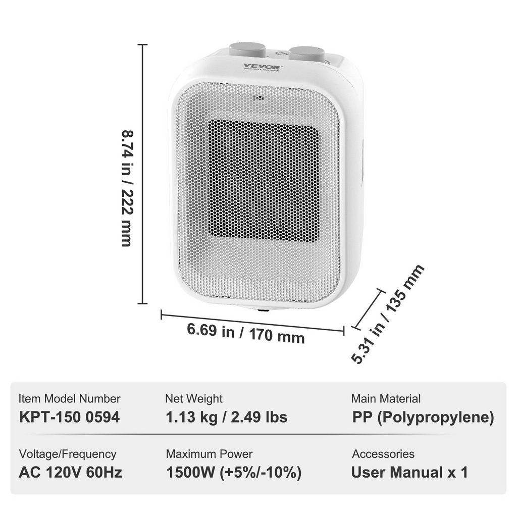 Calentador eléctrico portátil con termostato 1000 W/1500 W ventilador de cerámica silencioso ajustable de 2 niveles 9 pulgadas