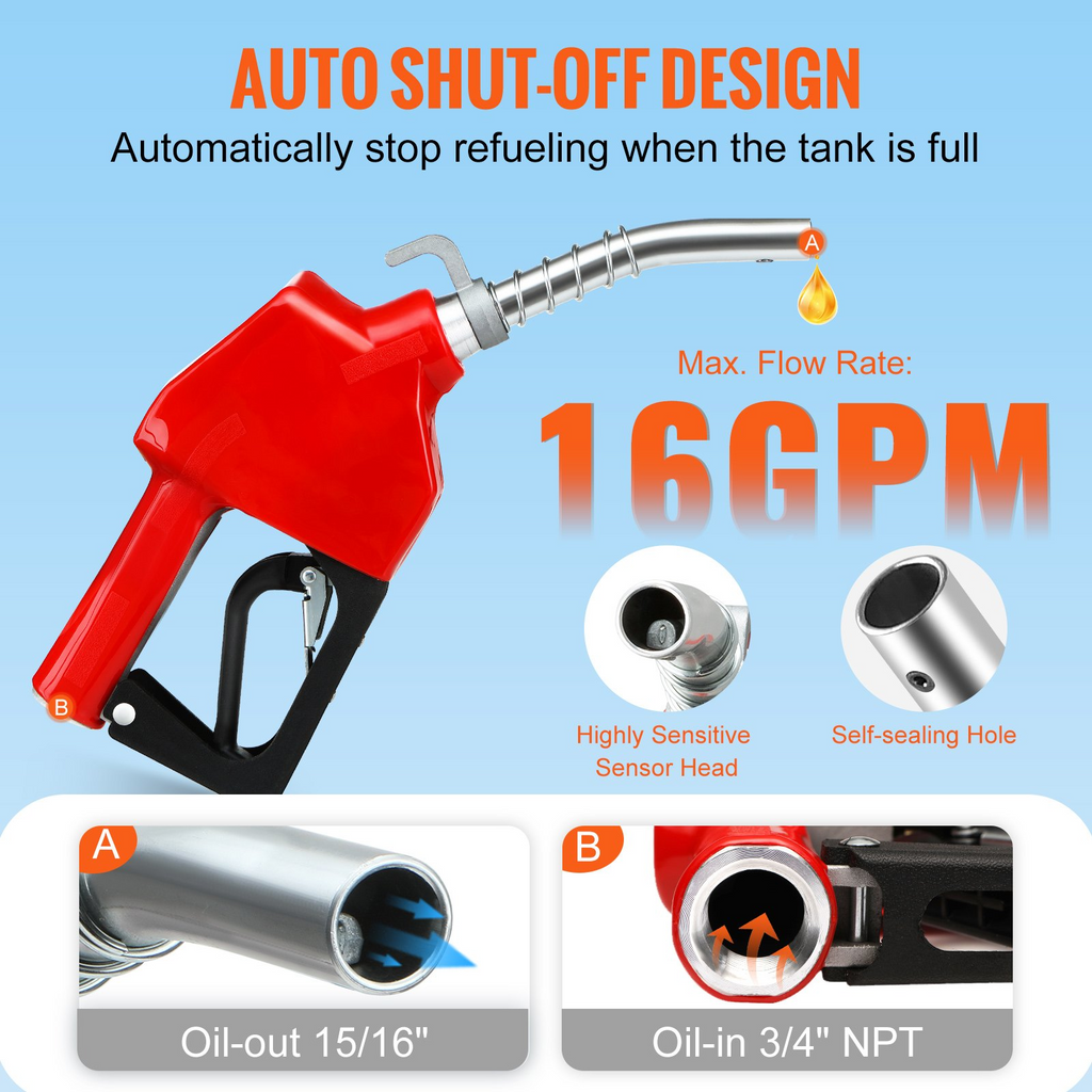 Boquilla de combustible automática VEVOR con cierre de combustible, boquilla de 3/4" NPT y 15/16" para recarga de combustible diésel  JH2