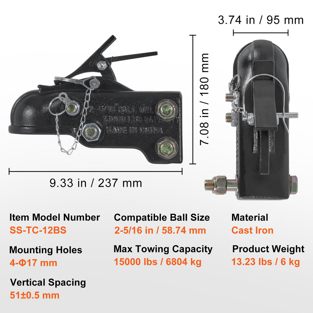 Acoplador de remolque ajustable VEVOR bola de enganche de 2-5/16" capacidad de 15000 lb