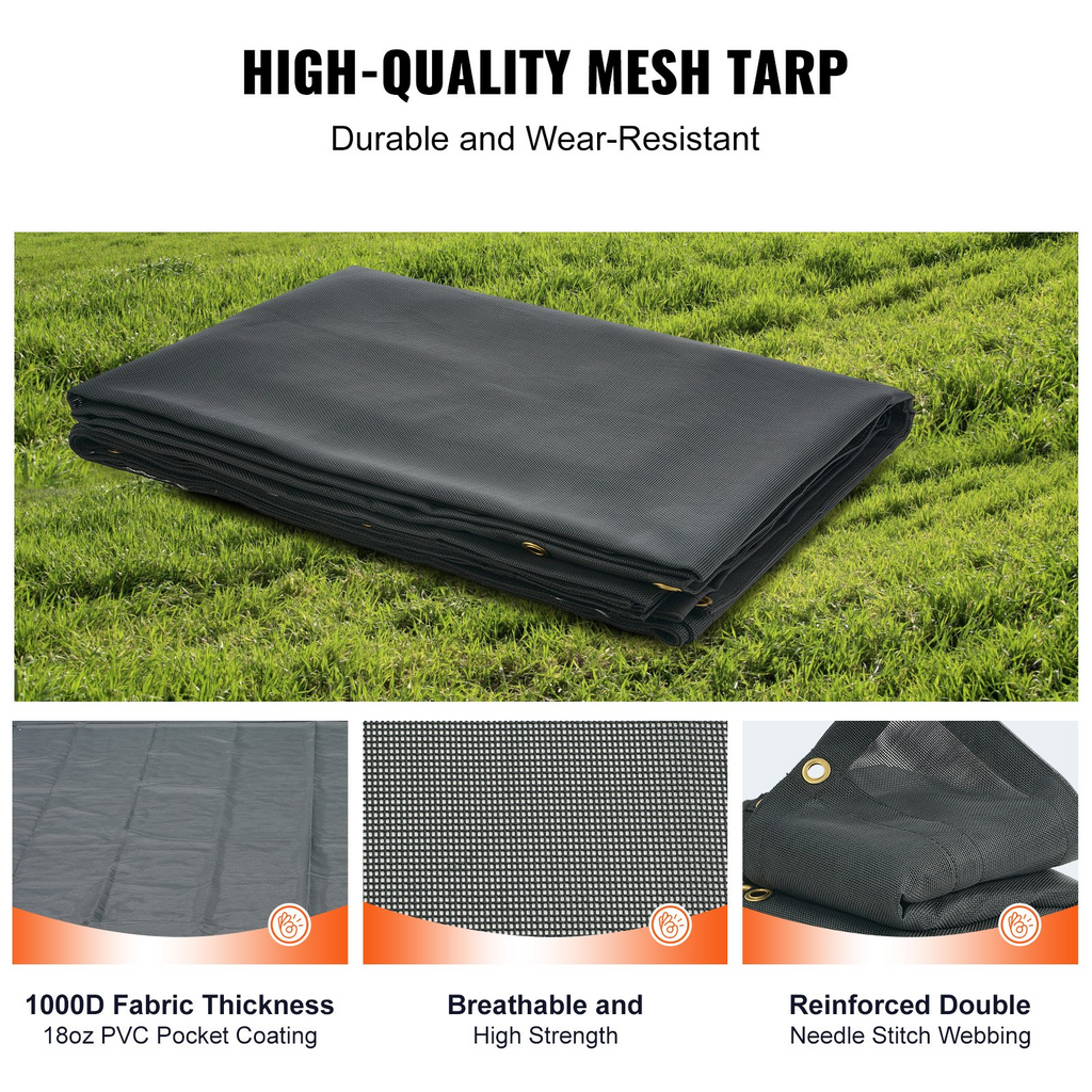 Lona de malla para camión volquete VEVOR 7,5 x 18 pies resistente revestida de PVC negra con bolsillo doble de 5,5" 18 oz