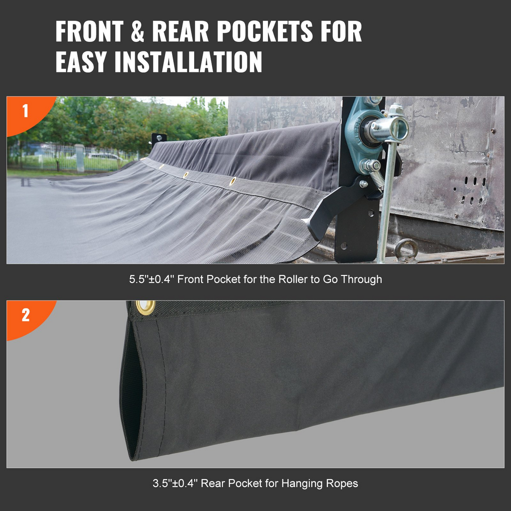 Lona de malla para camión volquete VEVOR 7,5 x 18 pies resistente revestida de PVC negra con bolsillo doble de 5,5" 18 oz