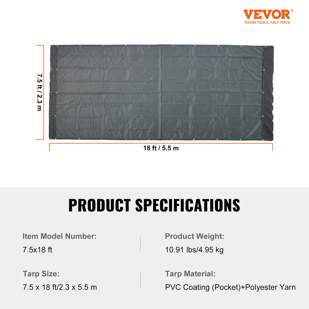 Lona de malla para camión volquete VEVOR 7,5 x 18 pies resistente revestida de PVC negra con bolsillo doble de 5,5" 18 oz