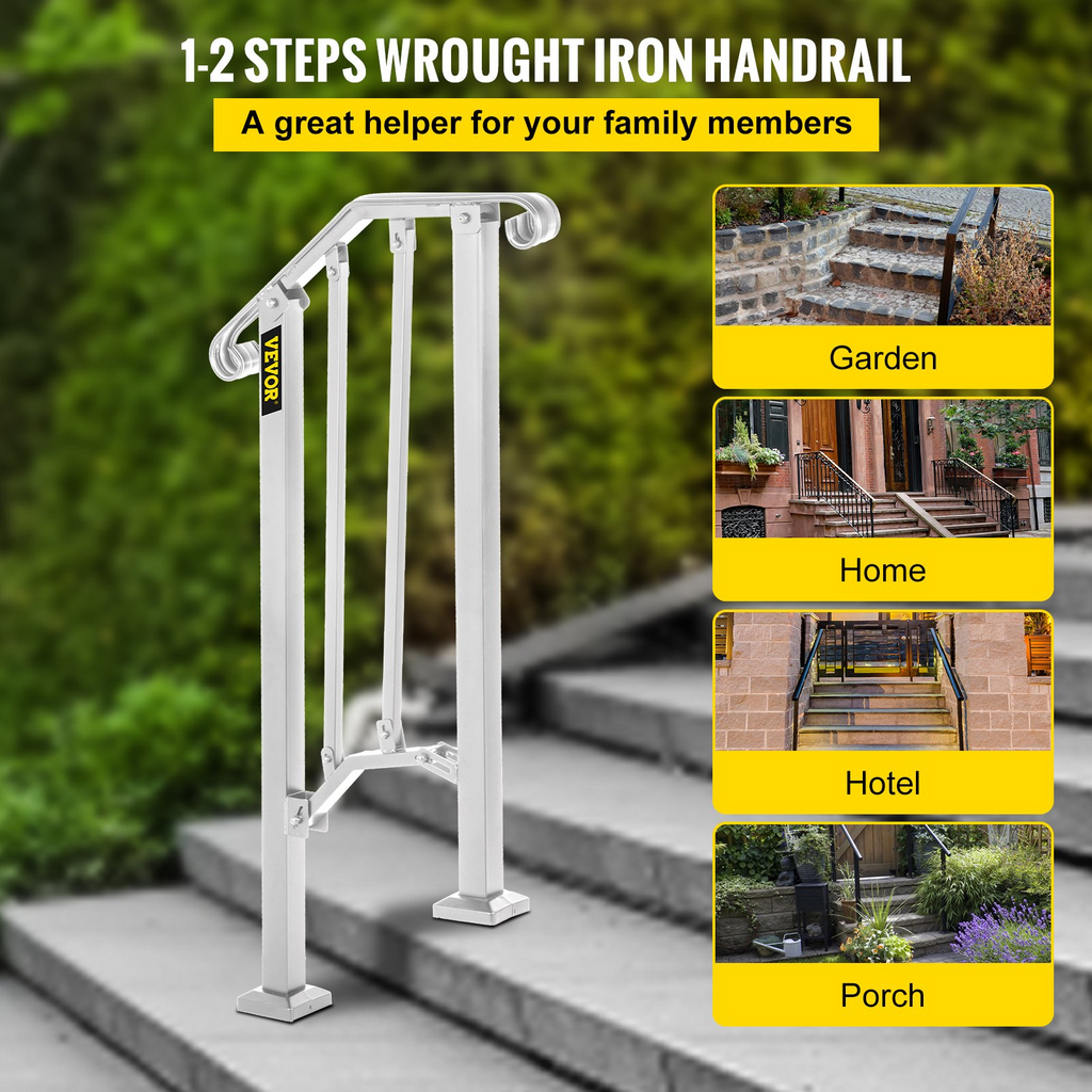 VEVOR Wrought Iron Handrail Fits 1 or 2 Steps Handrail Picket #1 Outdoor Stair Rail with Installation Kit for Outdoor Steps Hand Rails Matte White