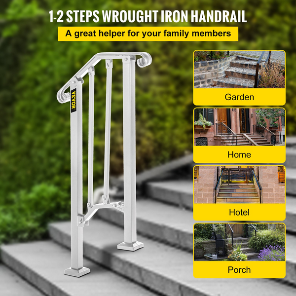 VEVOR Wrought Iron Handrail Fits 1 or 2 Steps Handrail Picket #1 Outdoor Stair Rail with Installation Kit for Outdoor Steps Hand Rails Matte White