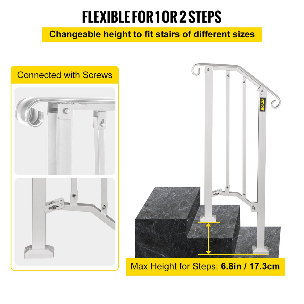 VEVOR Wrought Iron Handrail Fits 1 or 2 Steps Handrail Picket #1 Outdoor Stair Rail with Installation Kit for Outdoor Steps Hand Rails Matte White