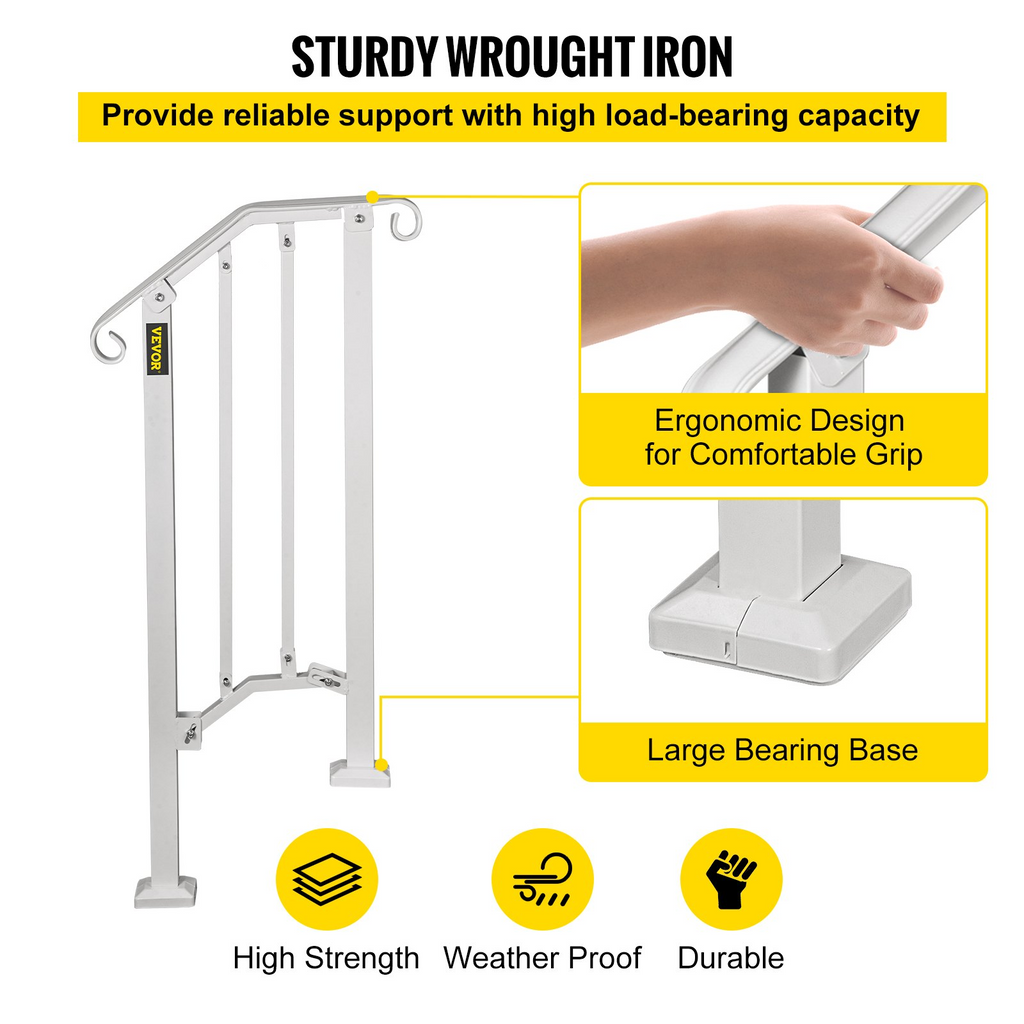 VEVOR Wrought Iron Handrail Fits 1 or 2 Steps Handrail Picket #1 Outdoor Stair Rail with Installation Kit for Outdoor Steps Hand Rails Matte White