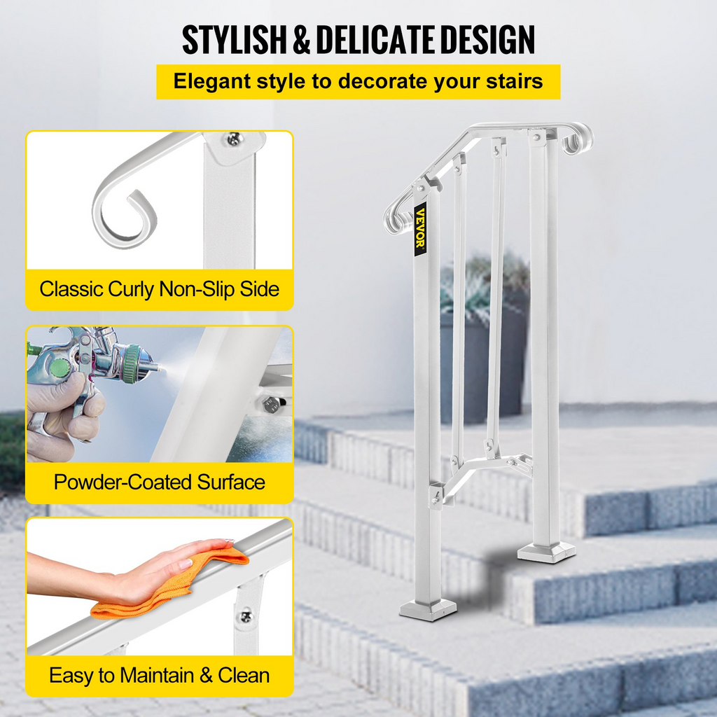 VEVOR Wrought Iron Handrail Fits 1 or 2 Steps Handrail Picket #1 Outdoor Stair Rail with Installation Kit for Outdoor Steps Hand Rails Matte White