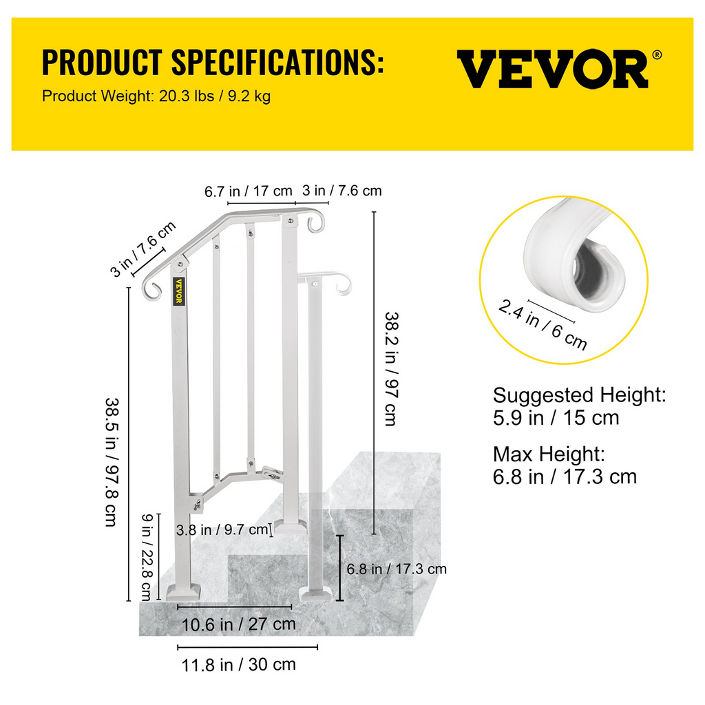 VEVOR Wrought Iron Handrail Fits 1 or 2 Steps Handrail Picket #1 Outdoor Stair Rail with Installation Kit for Outdoor Steps Hand Rails Matte White