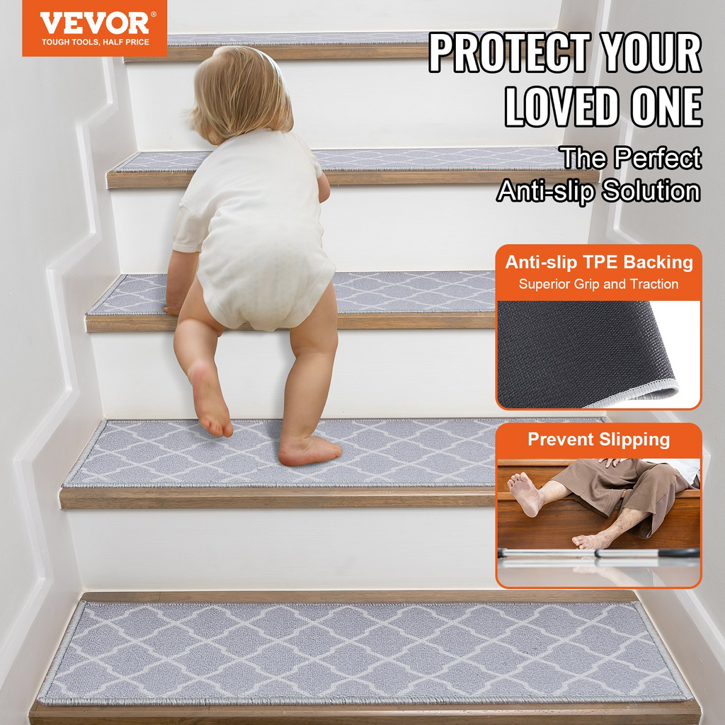 VEVOR Stair Treads, Stairs Carpet Non Slip 9" x 28", Indoor Stair Runner for Wooden Steps, Anti Slip Carpet Soft Edging Stair Rugs Mats for Kids Elders and Dogs, 15 pcs, Light Gray