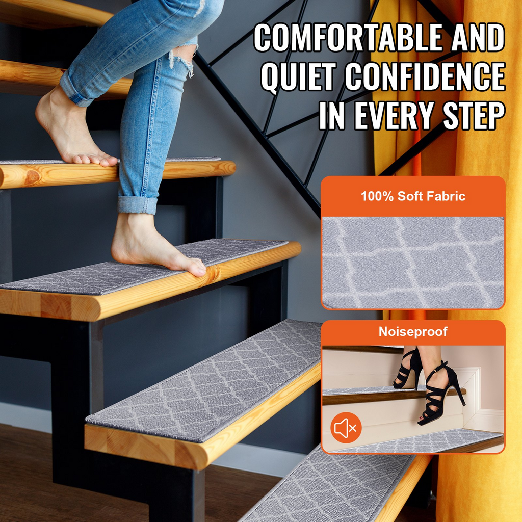 VEVOR Stair Treads, Stairs Carpet Non Slip 9" x 28", Indoor Stair Runner for Wooden Steps, Anti Slip Carpet Soft Edging Stair Rugs Mats for Kids Elders and Dogs, 15 pcs, Light Gray