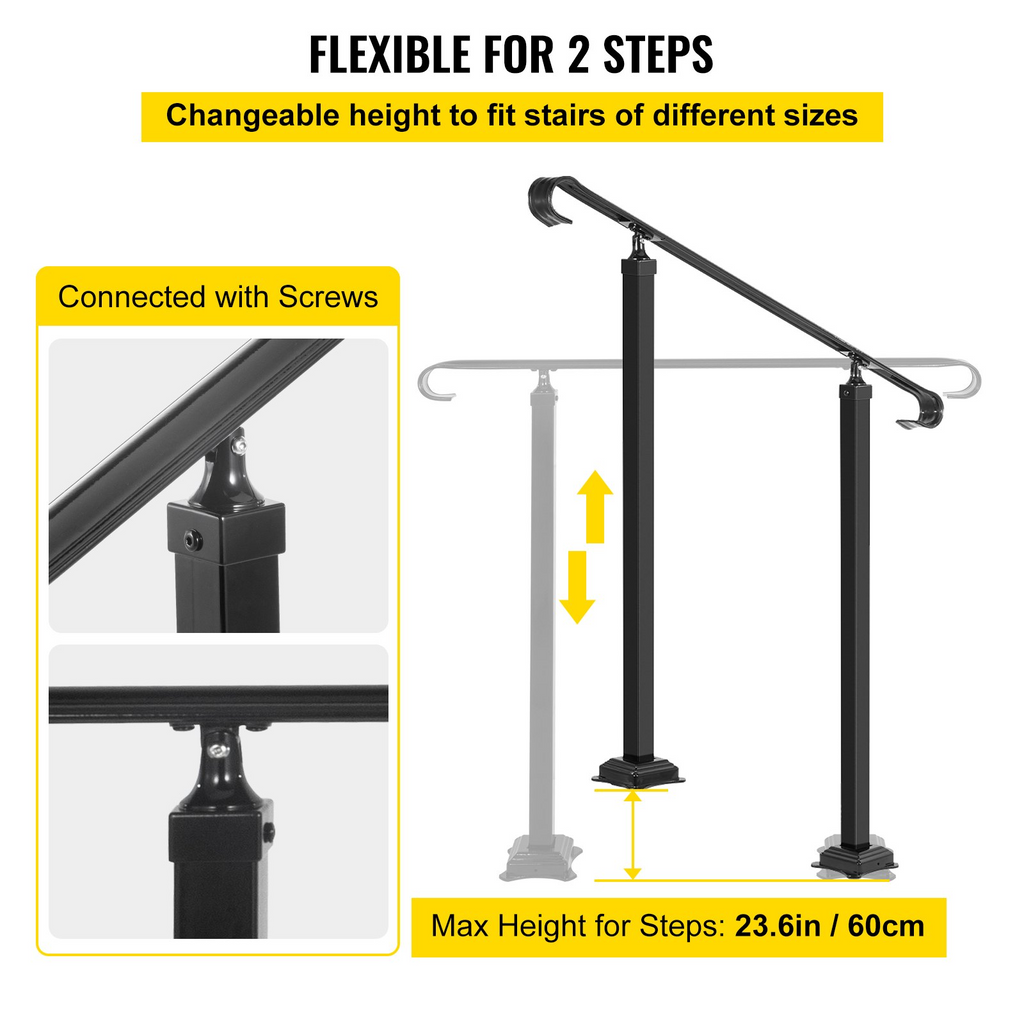 VEVOR Handrails for Outdoor Steps, Fit 1-3 Steps Wrought Iron Handrail, Outdoor Stair Railing, Adjustable Front Porch Hand Rail, Black Transitional Hand railings for Concrete Steps or Wooden Stairs