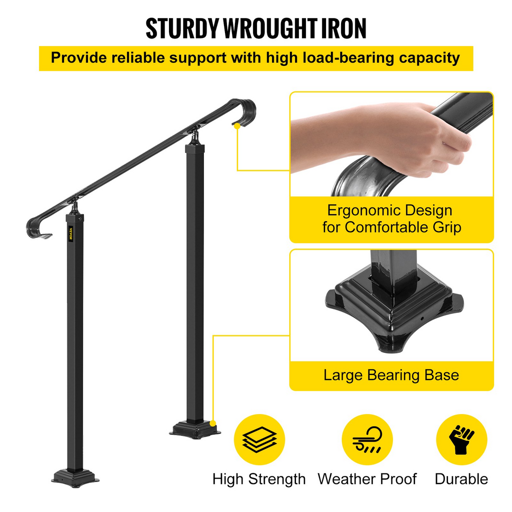 VEVOR Handrails for Outdoor Steps, Fit 1-3 Steps Wrought Iron Handrail, Outdoor Stair Railing, Adjustable Front Porch Hand Rail, Black Transitional Hand railings for Concrete Steps or Wooden Stairs