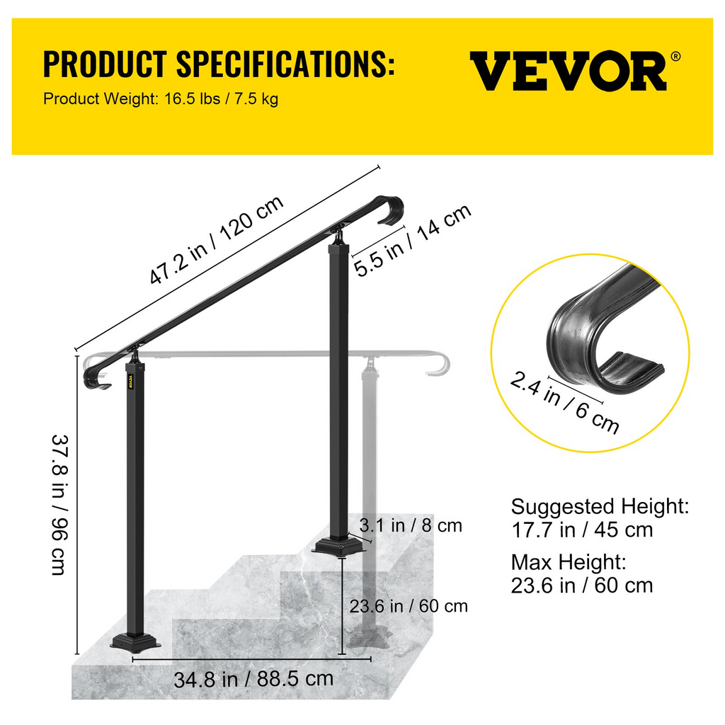 VEVOR Handrails for Outdoor Steps, Fit 1-3 Steps Wrought Iron Handrail, Outdoor Stair Railing, Adjustable Front Porch Hand Rail, Black Transitional Hand railings for Concrete Steps or Wooden Stairs