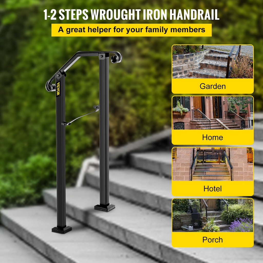VEVOR Handrails for Outdoor Steps, Fit 1 or 2 Steps Outdoor Stair Railing, Arch#1 Wrought Iron Handrail, Flexible Porch Railing, Black Transitional Handrails for Concrete Steps or Wooden Stairs
