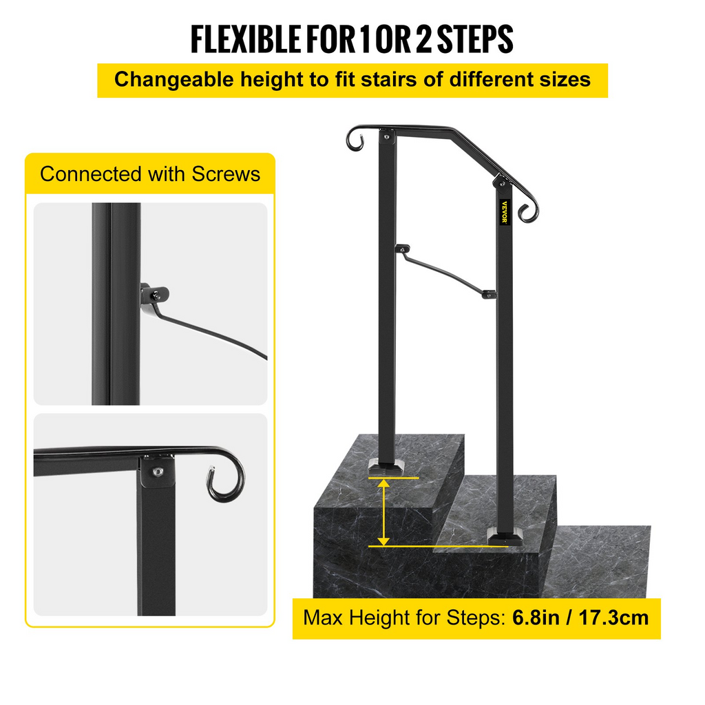 VEVOR Handrails for Outdoor Steps, Fit 1 or 2 Steps Outdoor Stair Railing, Arch#1 Wrought Iron Handrail, Flexible Porch Railing, Black Transitional Handrails for Concrete Steps or Wooden Stairs