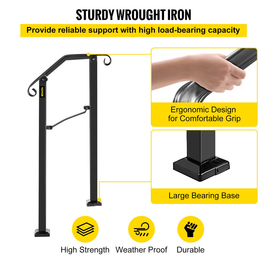 VEVOR Handrails for Outdoor Steps, Fit 1 or 2 Steps Outdoor Stair Railing, Arch#1 Wrought Iron Handrail, Flexible Porch Railing, Black Transitional Handrails for Concrete Steps or Wooden Stairs