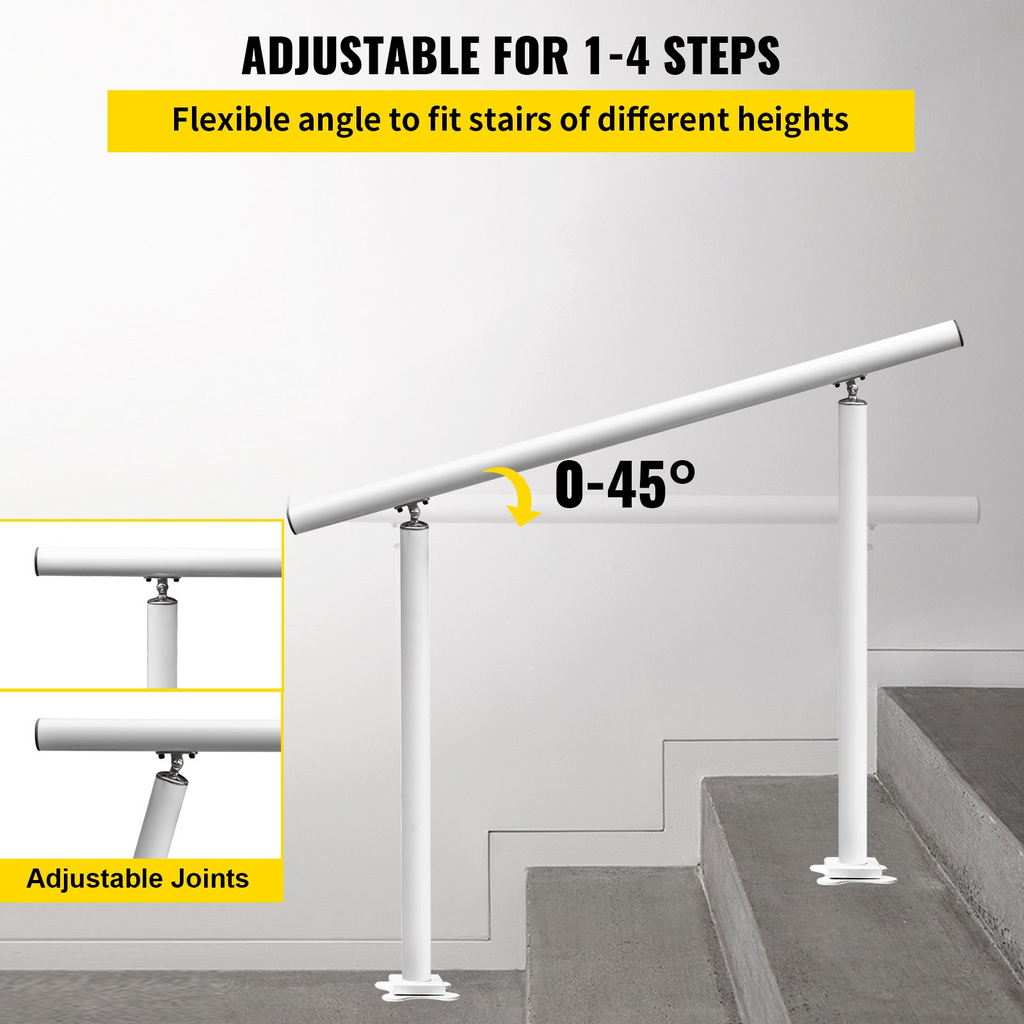 VEVOR Outdoor Stair Railing Kit, 4 FT Handrails 1-4 Steps, Adjustable Angle White Aluminum Stair Hand Rail for The Elderly, Handrails for Outdoor Steps