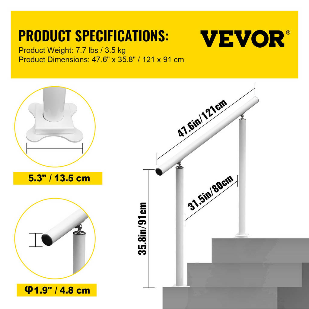 VEVOR Outdoor Stair Railing Kit, 4 FT Handrails 1-4 Steps, Adjustable Angle White Aluminum Stair Hand Rail for The Elderly, Handrails for Outdoor Steps