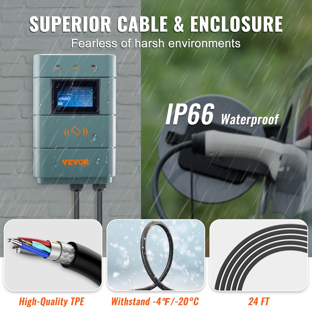 Estación de carga para vehículos eléctricos VEVOR de nivel 2 ajustable de 0 a 48 A cargador inteligente para vehículos eléctricos con enchufe NEMA 6-50 de 11,5 kW y 240 V con WiFi