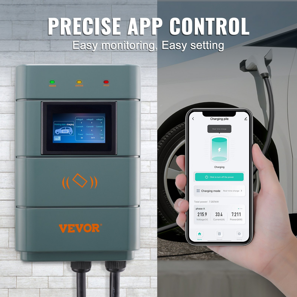 Estación de carga para vehículos eléctricos VEVOR de nivel 2 ajustable de 0 a 48 A cargador inteligente para vehículos eléctricos con enchufe NEMA 6-50 de 11,5 kW y 240 V con WiFi