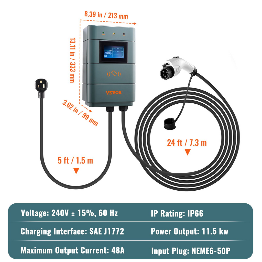 Estación de carga para vehículos eléctricos VEVOR de nivel 2 ajustable de 0 a 48 A cargador inteligente para vehículos eléctricos con enchufe NEMA 6-50 de 11,5 kW y 240 V con WiFi
