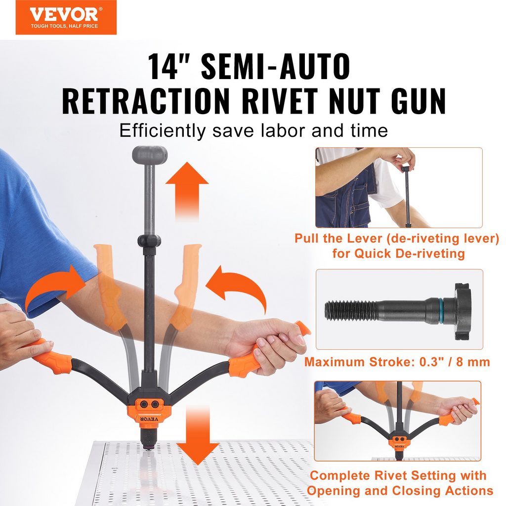 Herramienta para remachar tuercas VEVOR para remachar tuercas de 14" con 7 mandriles métricos y SAE 70