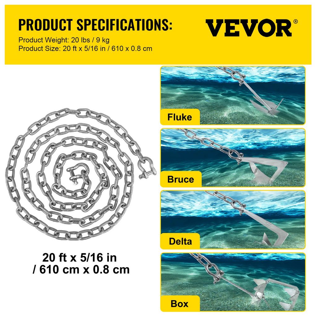 Cadena de ancla VEVOR de acero galvanizado de 20' x 5/16" de ancla de 3/8"  de 11650 lb  ancla de 9460 lb