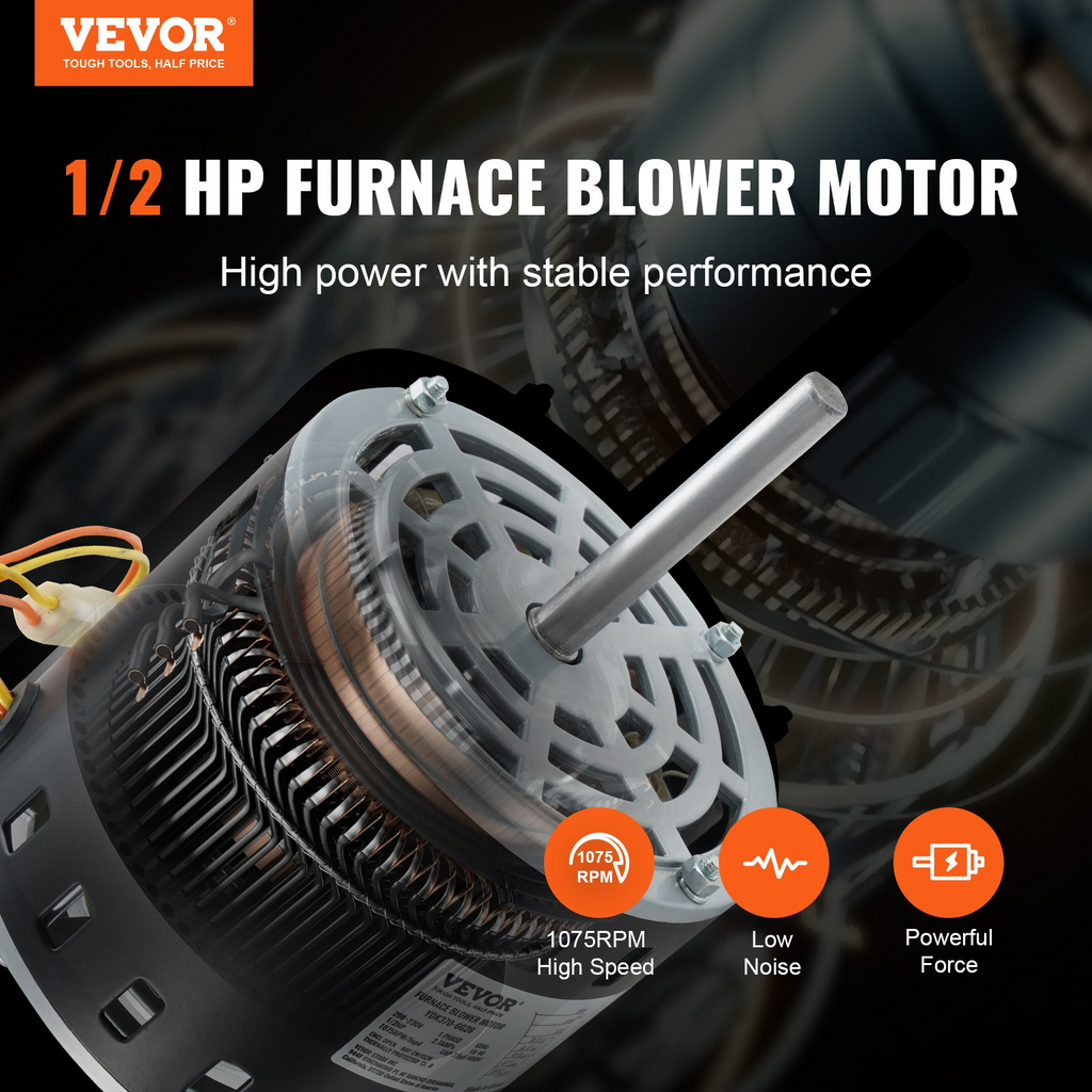 Motor de soplador de horno VEVOR de 1/2 HP 208/230 V 2,7 A 1075 RPM 5 velocidades rotación CW/CCW marco de 48 longitud de eje de 3,4" condensador de 7,5 μF/450 V + aro de retención de 11"