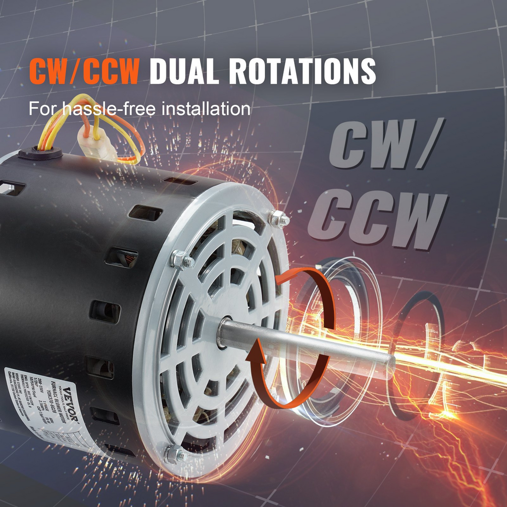 Motor de soplador de horno VEVOR de 1/2 HP 208/230 V 2,7 A 1075 RPM 5 velocidades rotación CW/CCW marco de 48 longitud de eje de 3,4" condensador de 7,5 μF/450 V + aro de retención de 11"