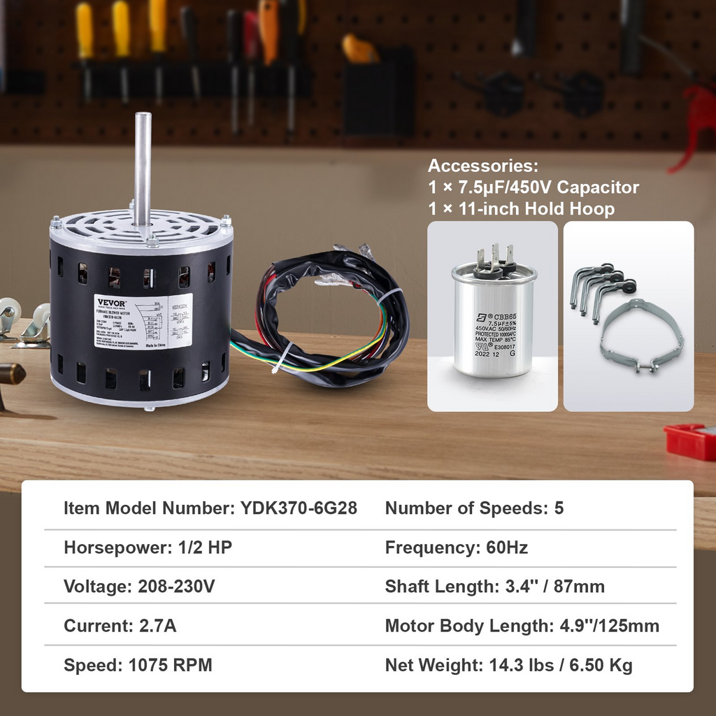 Motor de soplador de horno VEVOR de 1/2 HP 208/230 V 2,7 A 1075 RPM 5 velocidades rotación CW/CCW marco de 48 longitud de eje de 3,4" condensador de 7,5 μF/450 V + aro de retención de 11"