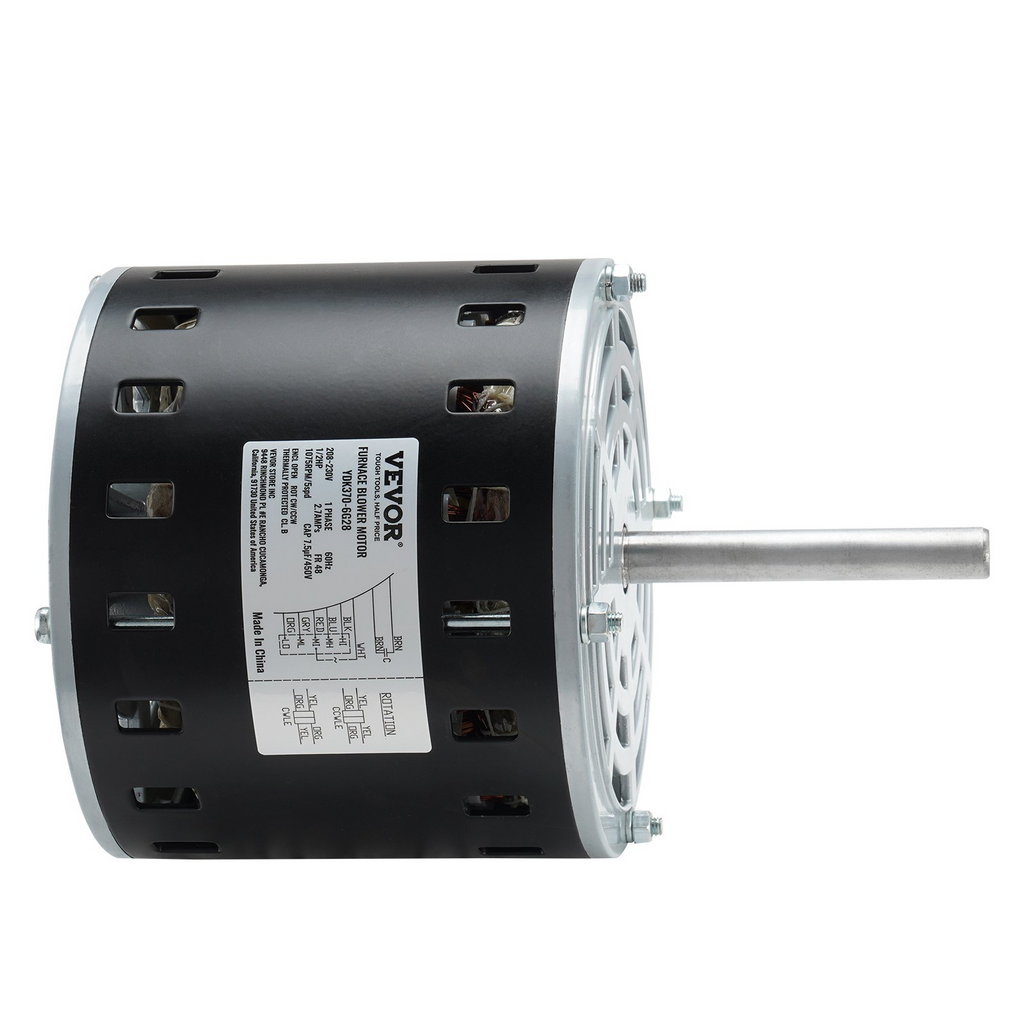 Motor de soplador de horno VEVOR de 1/2 HP 208/230 V 2,7 A 1075 RPM 5 velocidades rotación CW/CCW marco de 48 longitud de eje de 3,4" condensador de 7,5 μF/450 V + aro de retención de 11"