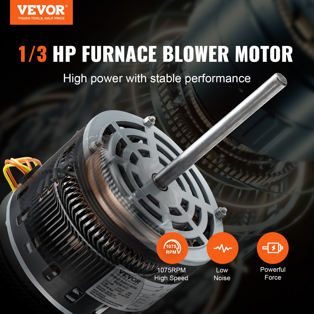 Motor de soplador de horno VEVOR de 1/3 HP 110/120 V 4,4 A 1075 RPM 4 velocidades rotación CW/CCW marco de 48 longitud de eje de 5,2" condensador de 5 μF/370 V