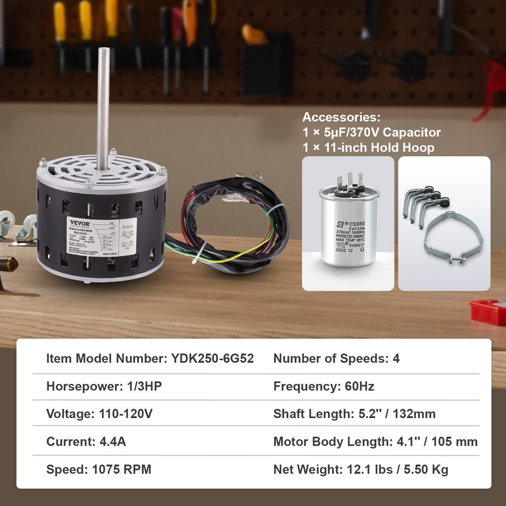 Motor de soplador de horno VEVOR de 1/3 HP 110/120 V 4,4 A 1075 RPM 4 velocidades rotación CW/CCW marco de 48 longitud de eje de 5,2" condensador de 5 μF/370 V