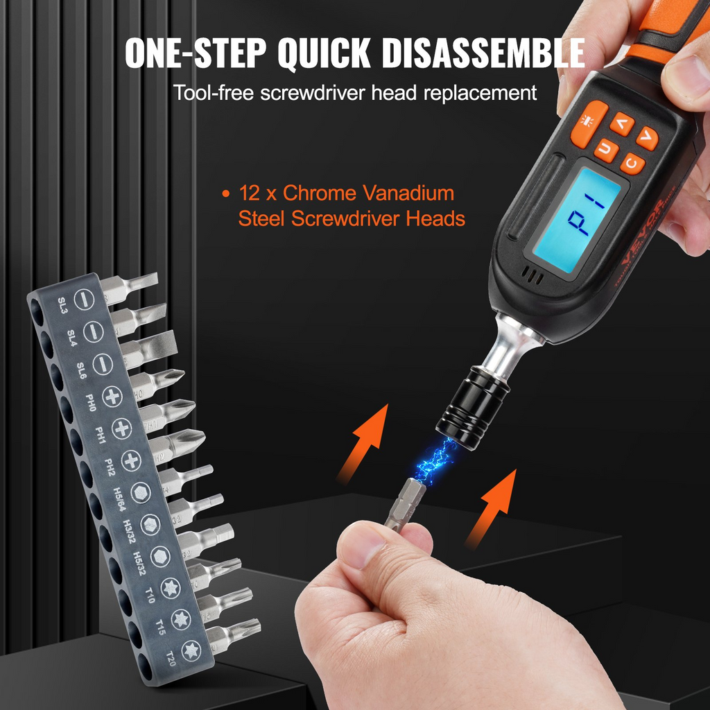 Destornillador dinamométrico digital VEVOR de 1/4" para electricistas con pantalla LCD rango de torsión de 2,65 a 70,67 in-lbs