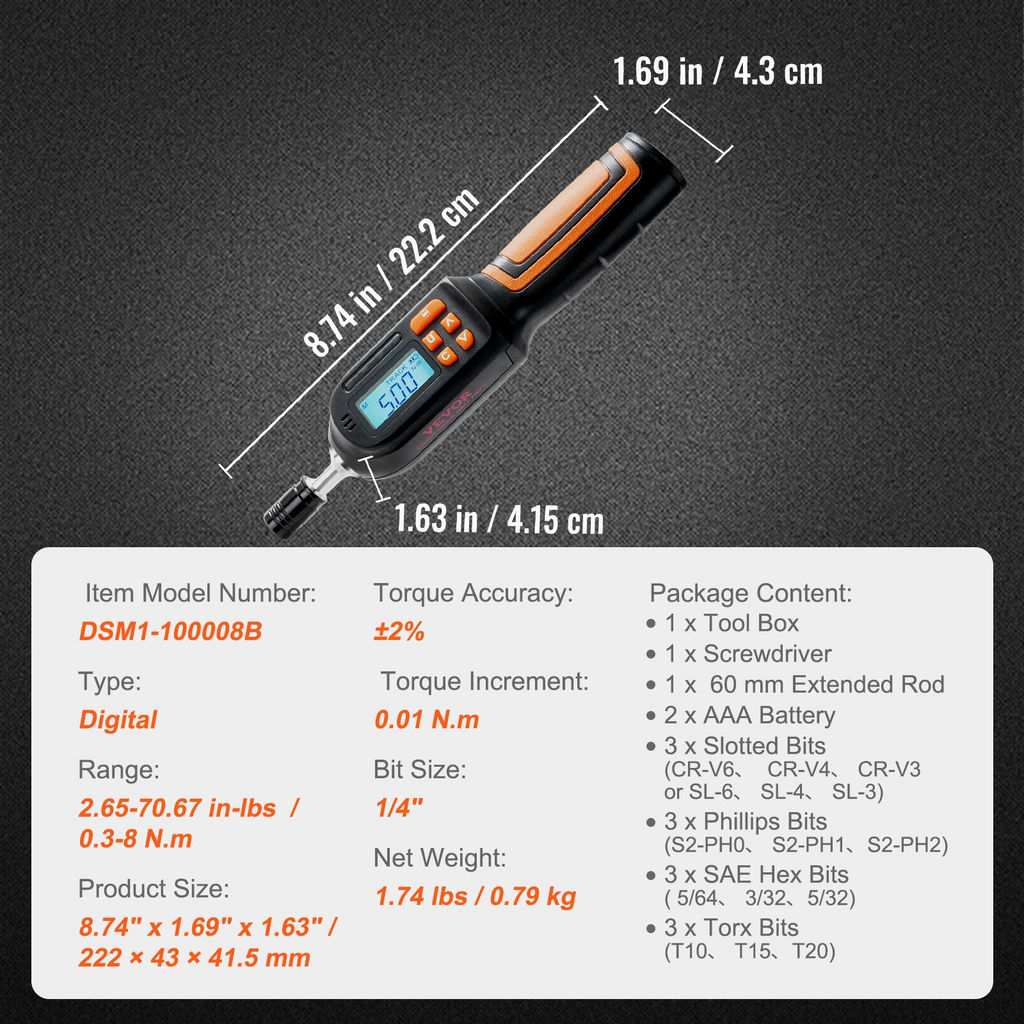 Destornillador dinamométrico digital VEVOR de 1/4" para electricistas con pantalla LCD rango de torsión de 2,65 a 70,67 in-lbs