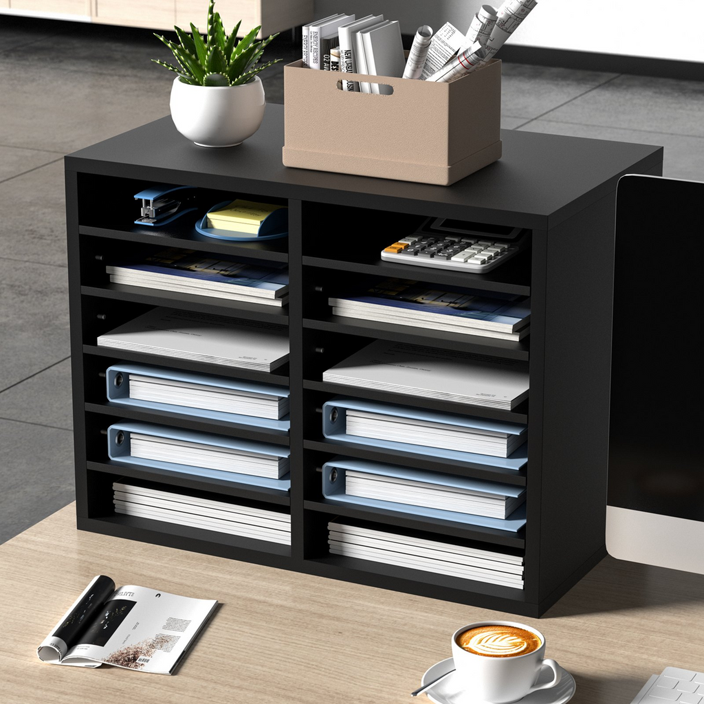 Organizador de literatura de madera VEVOR, 12 compartimentos, clasificador de archivos con estantes extraíbles, ranura para buzones de correo para la organización de la oficina.