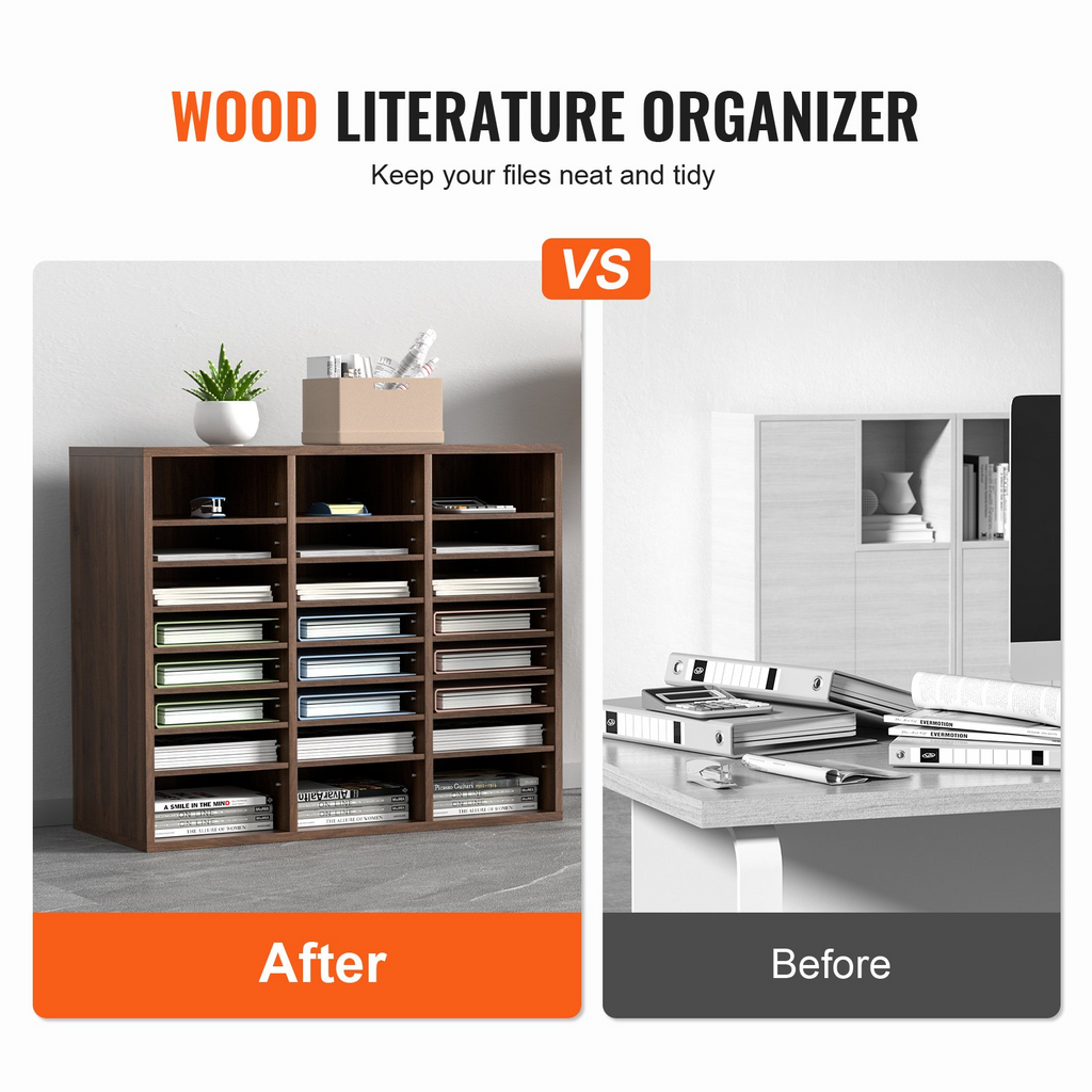 Organizadores de literatura VEVOR,  24 compartimentos con estantes ajustables, clasificador de literatura de madera de 29 x 12 x 24,4 pulgadas