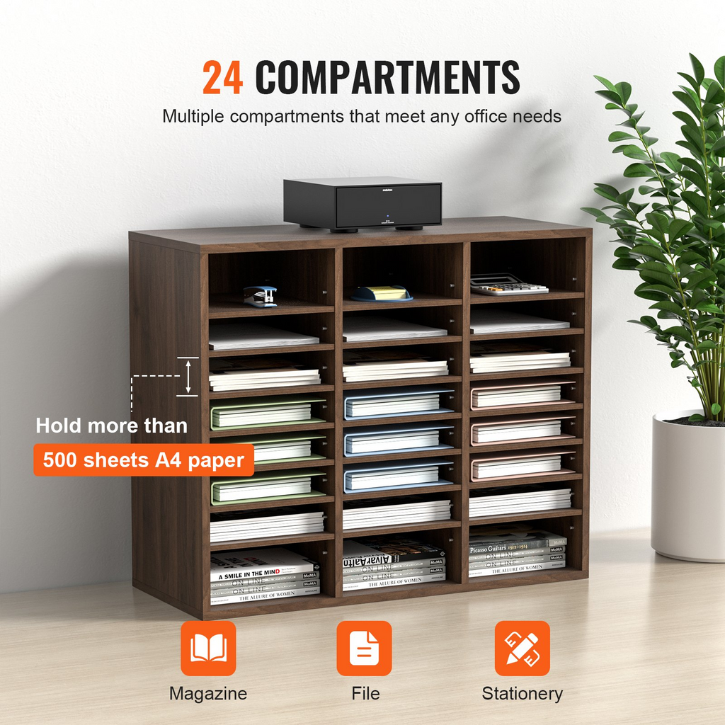 Organizadores de literatura VEVOR,  24 compartimentos con estantes ajustables, clasificador de literatura de madera de 29 x 12 x 24,4 pulgadas