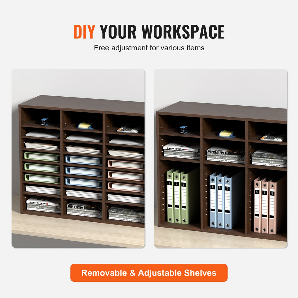 Organizadores de literatura VEVOR,  24 compartimentos con estantes ajustables, clasificador de literatura de madera de 29 x 12 x 24,4 pulgadas