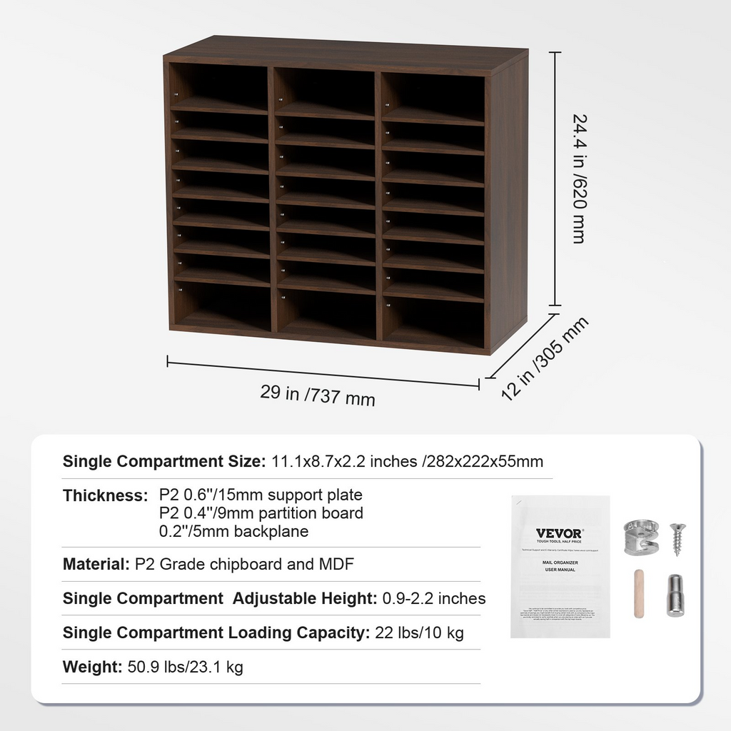Organizadores de literatura VEVOR,  24 compartimentos con estantes ajustables, clasificador de literatura de madera de 29 x 12 x 24,4 pulgadas